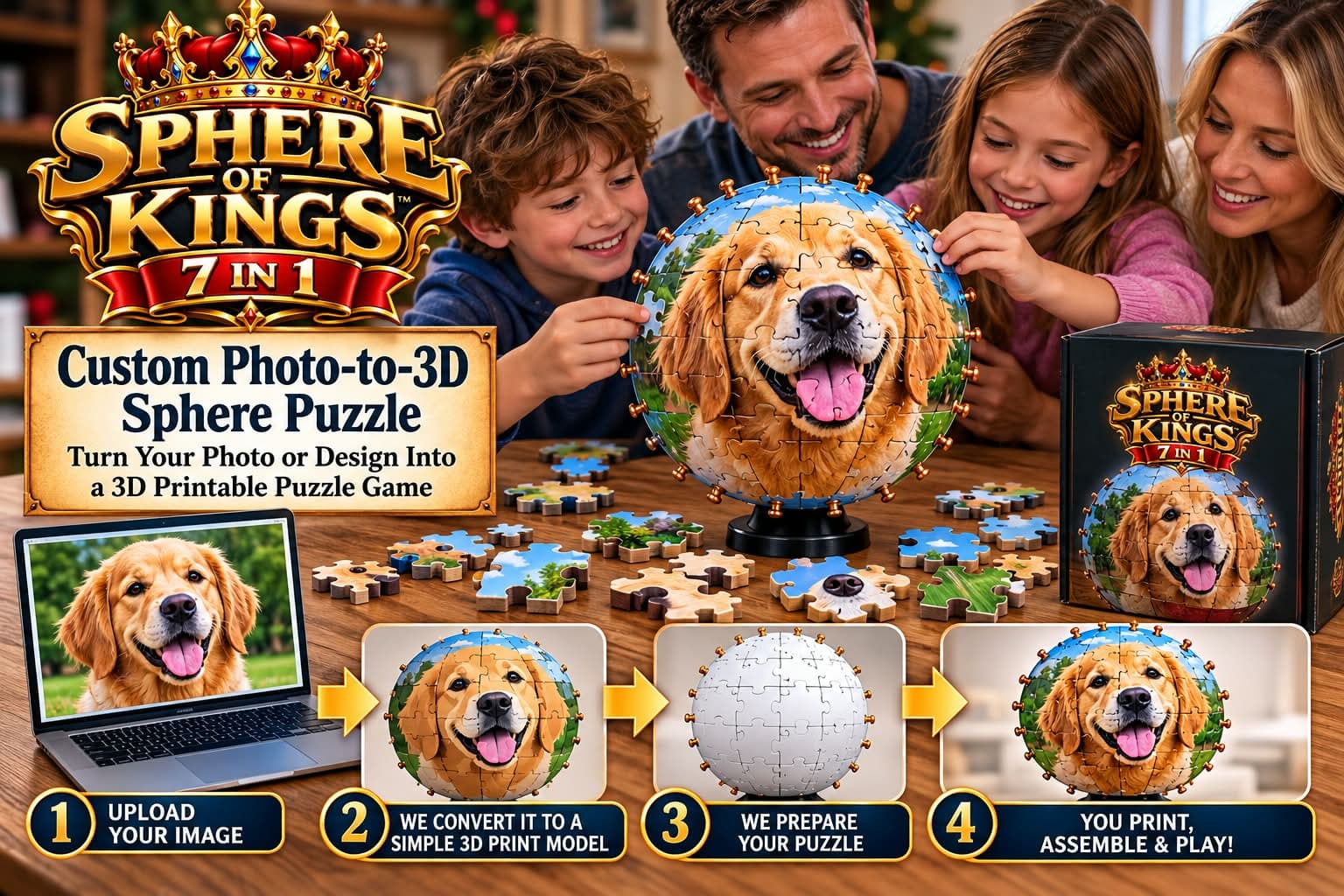 Custom Photo-to-3D Sphere Puzzle — four-step process from photo to printed puzzle