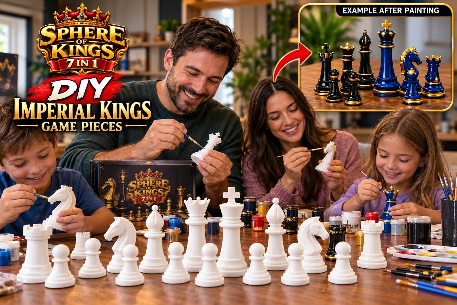 Imperial Kings DIY paint-your-own game pieces, white blanks with painted example
