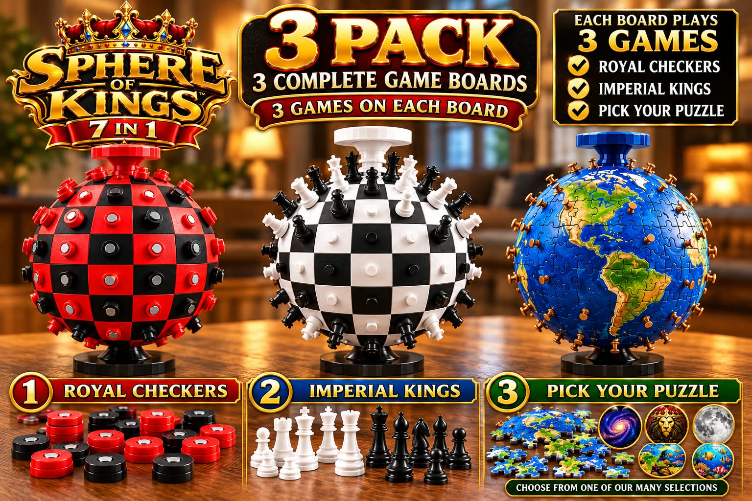 Royal Triple Pack — 3 complete 7-in-1 Sphere of Kings game boards