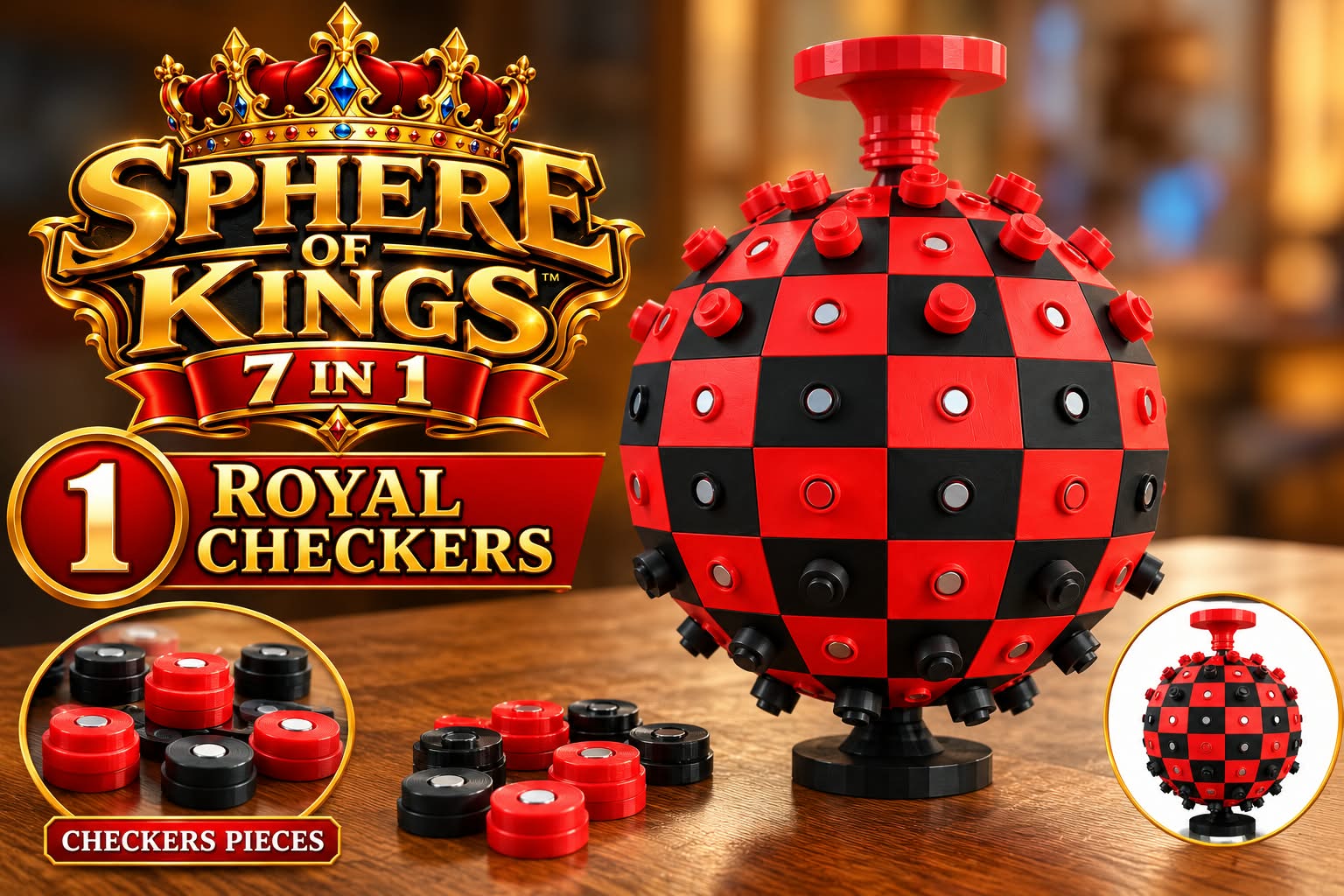 Sphere of Kings — Royal Checkers spherical game board, red and black