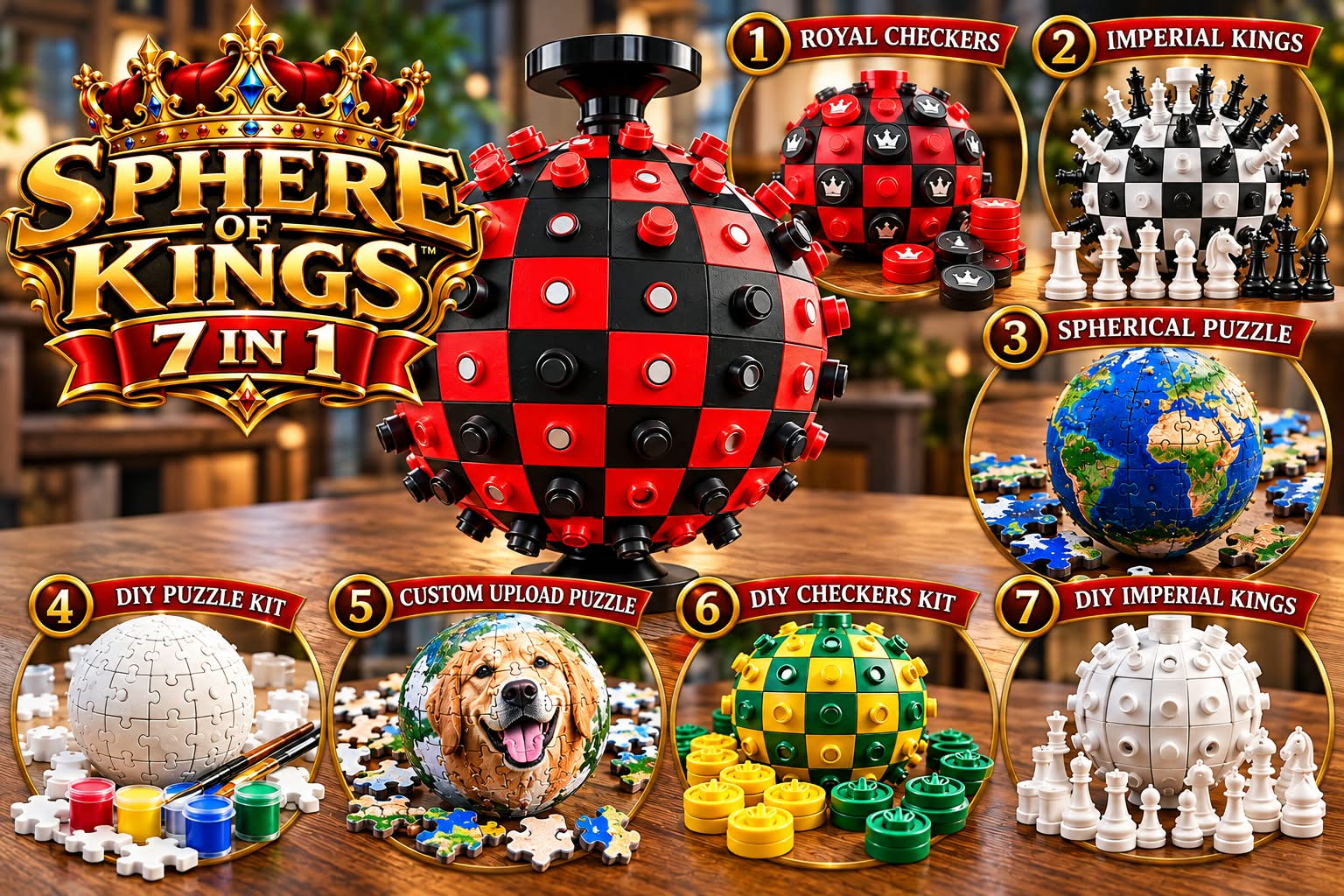 Complete 7-in-1 Sphere of Kings game showing all game modes and accessories