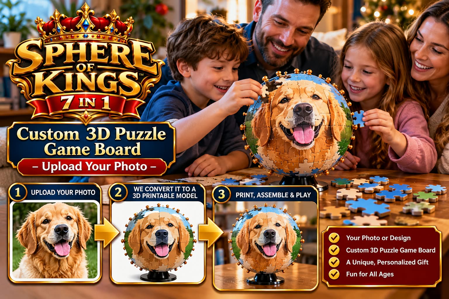 Custom 3D puzzle game board made from an uploaded photo of a golden retriever