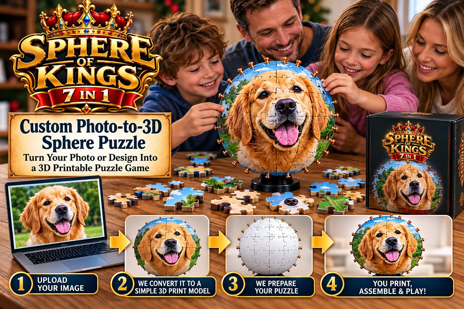 Custom Photo-to-3D Sphere Puzzle — four-step process from photo to printed puzzle
