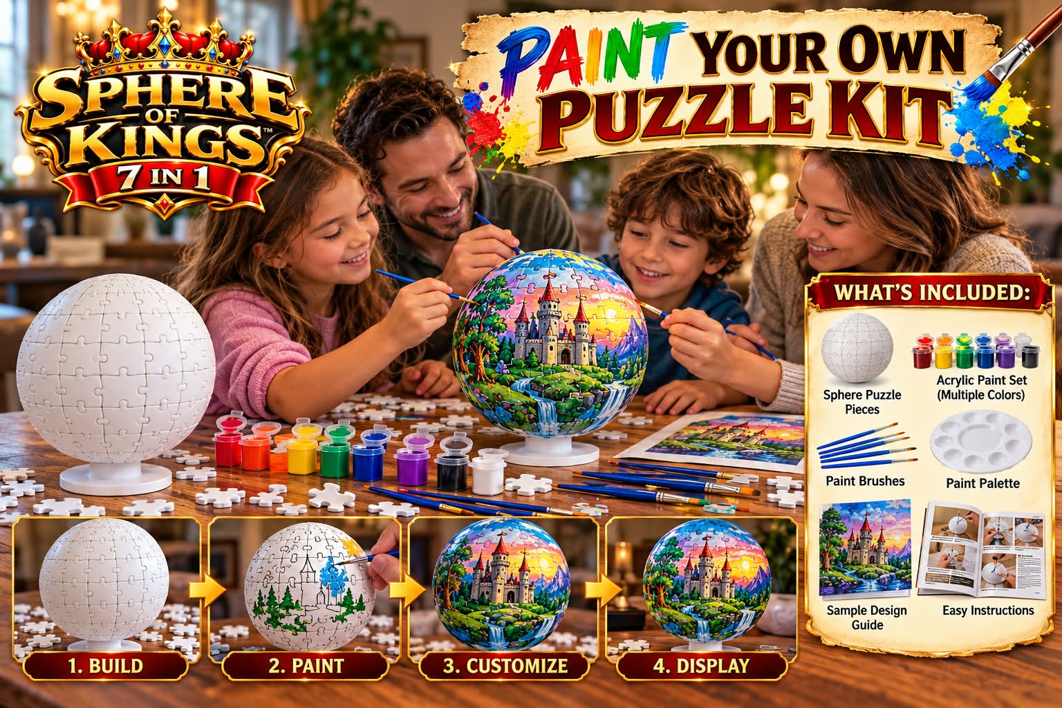 Paint Your Own Puzzle Kit — castle design painted on a spherical puzzle