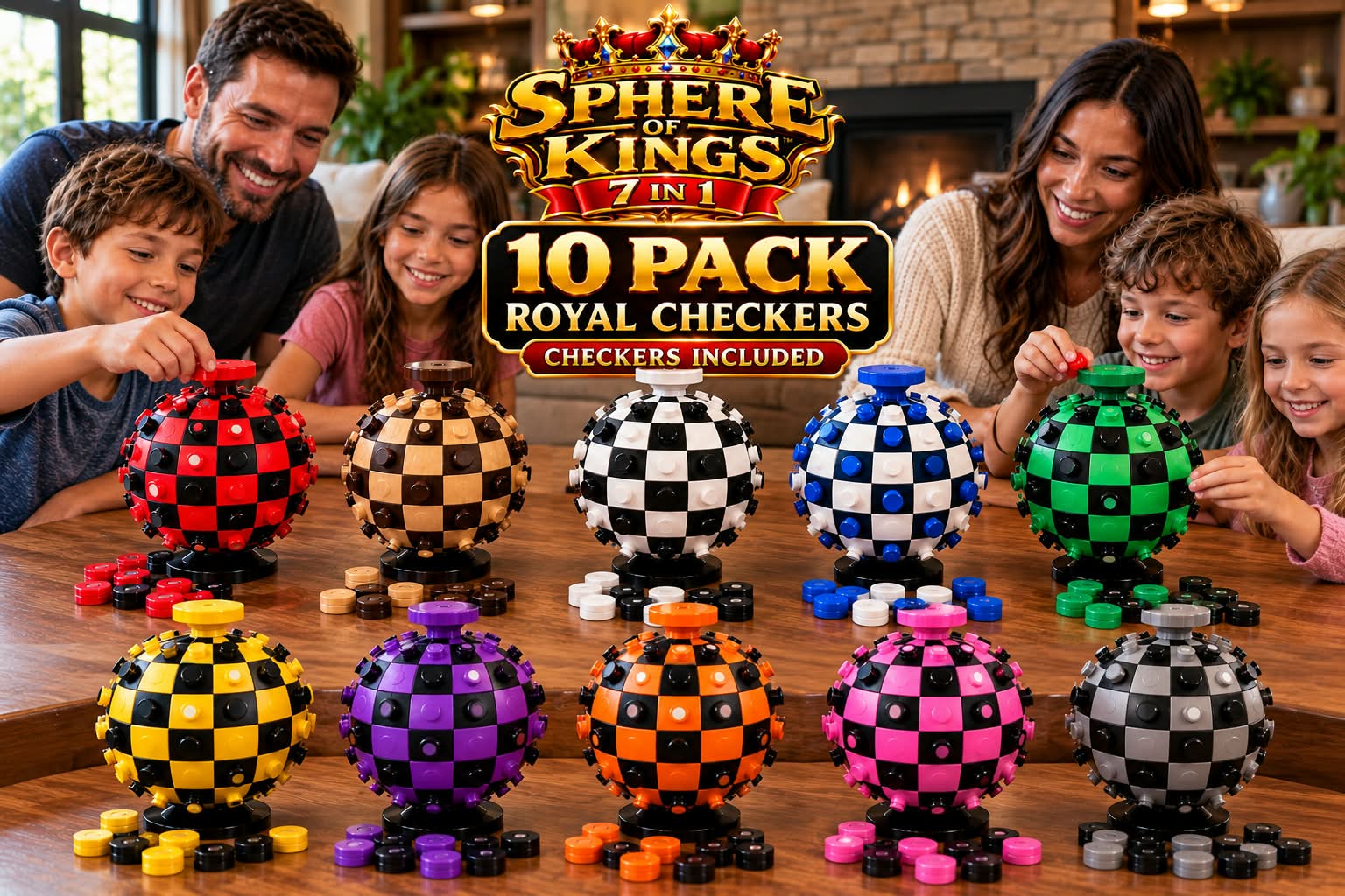 Royal Checkers 10-pack bundle — ten spherical game boards in a tournament layout