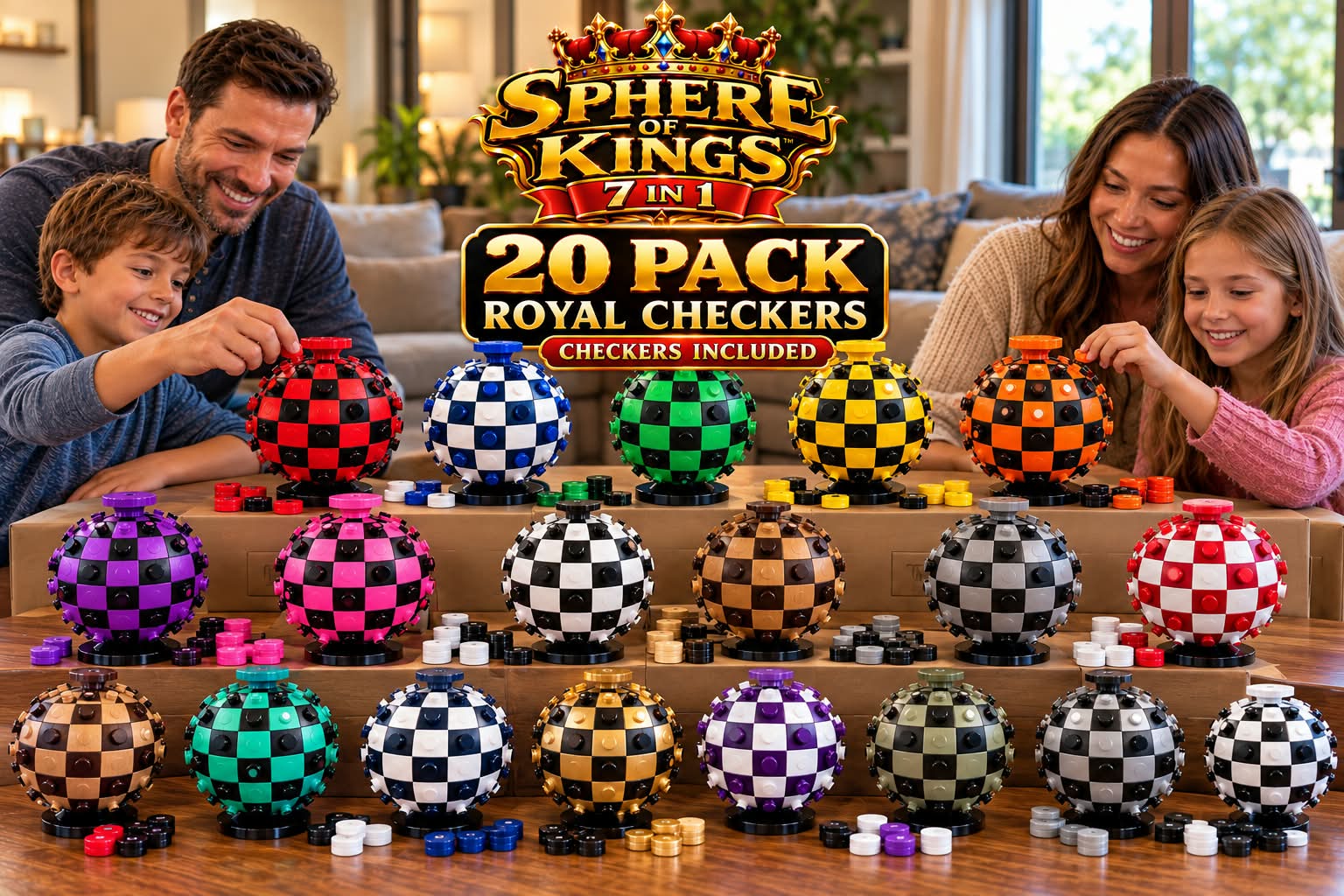 Royal Checkers 20-pack bundle — twenty spherical game boards arranged for a championship
