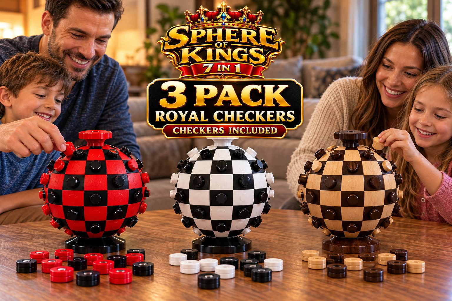 Royal Checkers 3-pack bundle — three spherical game boards with magnetic checkers