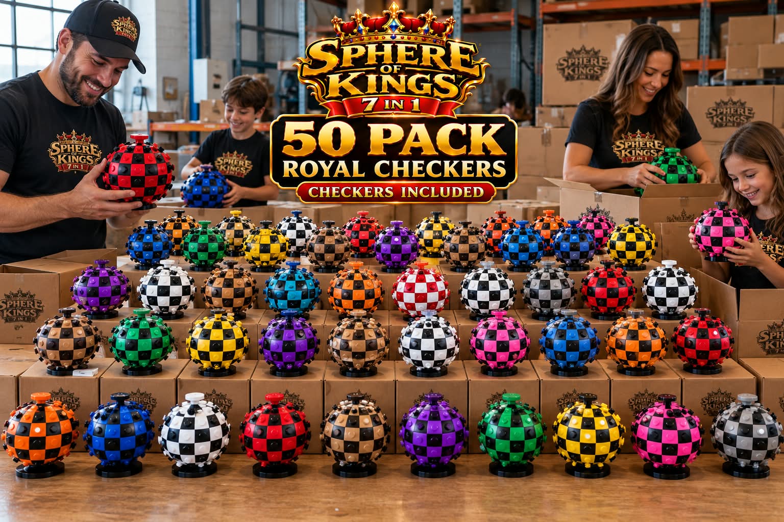 Royal Checkers 50-pack bundle — fifty spherical game boards in a warehouse fulfillment layout