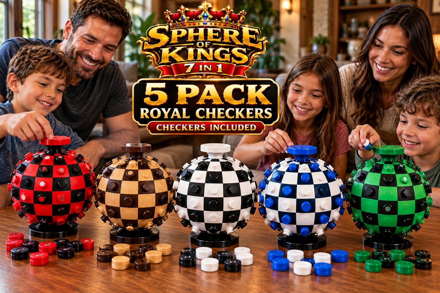Royal Checkers 5-pack bundle — five spherical game boards in five color schemes