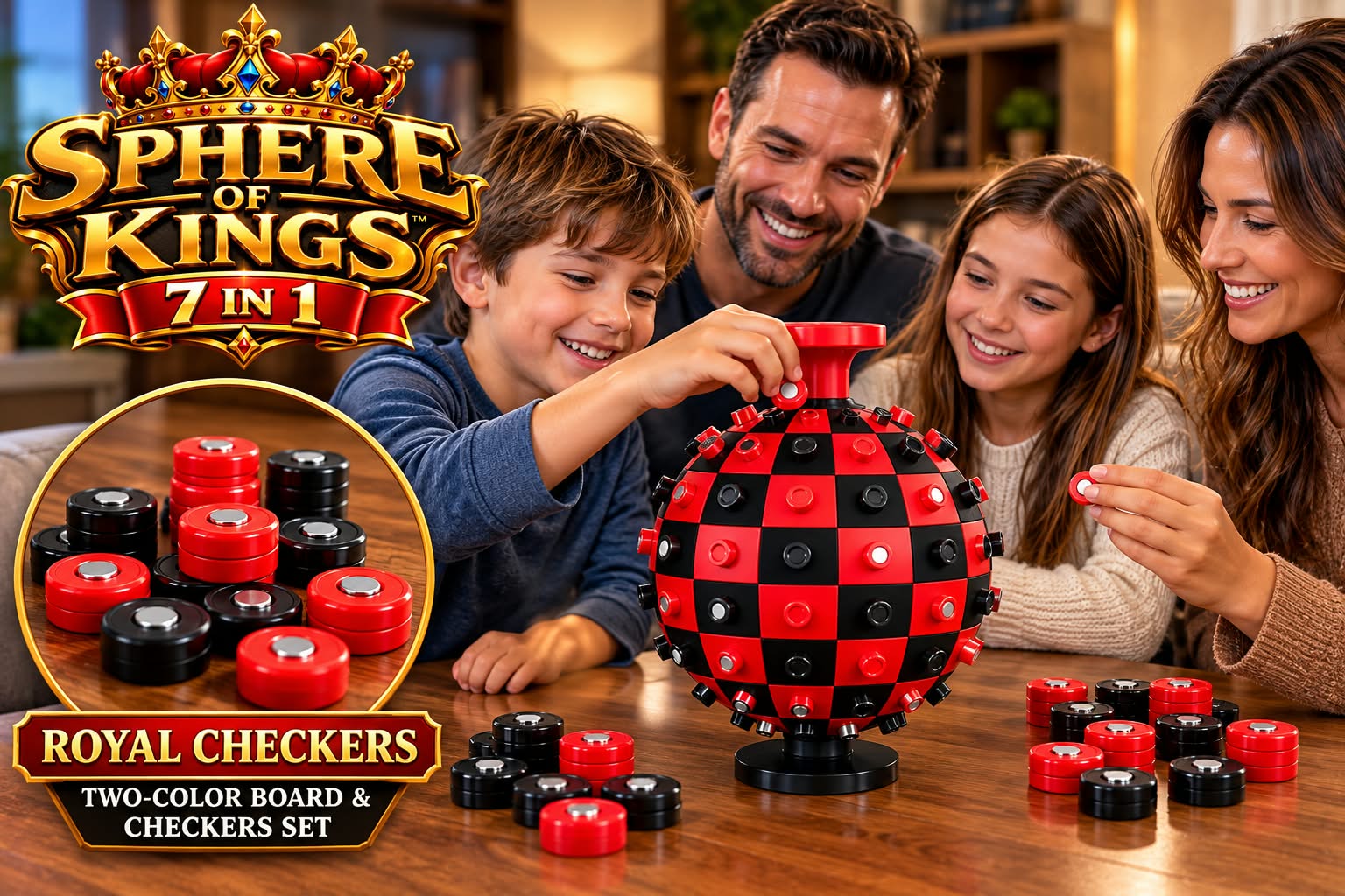 Royal Checkers two-color spherical board with red and black magnetic checkers